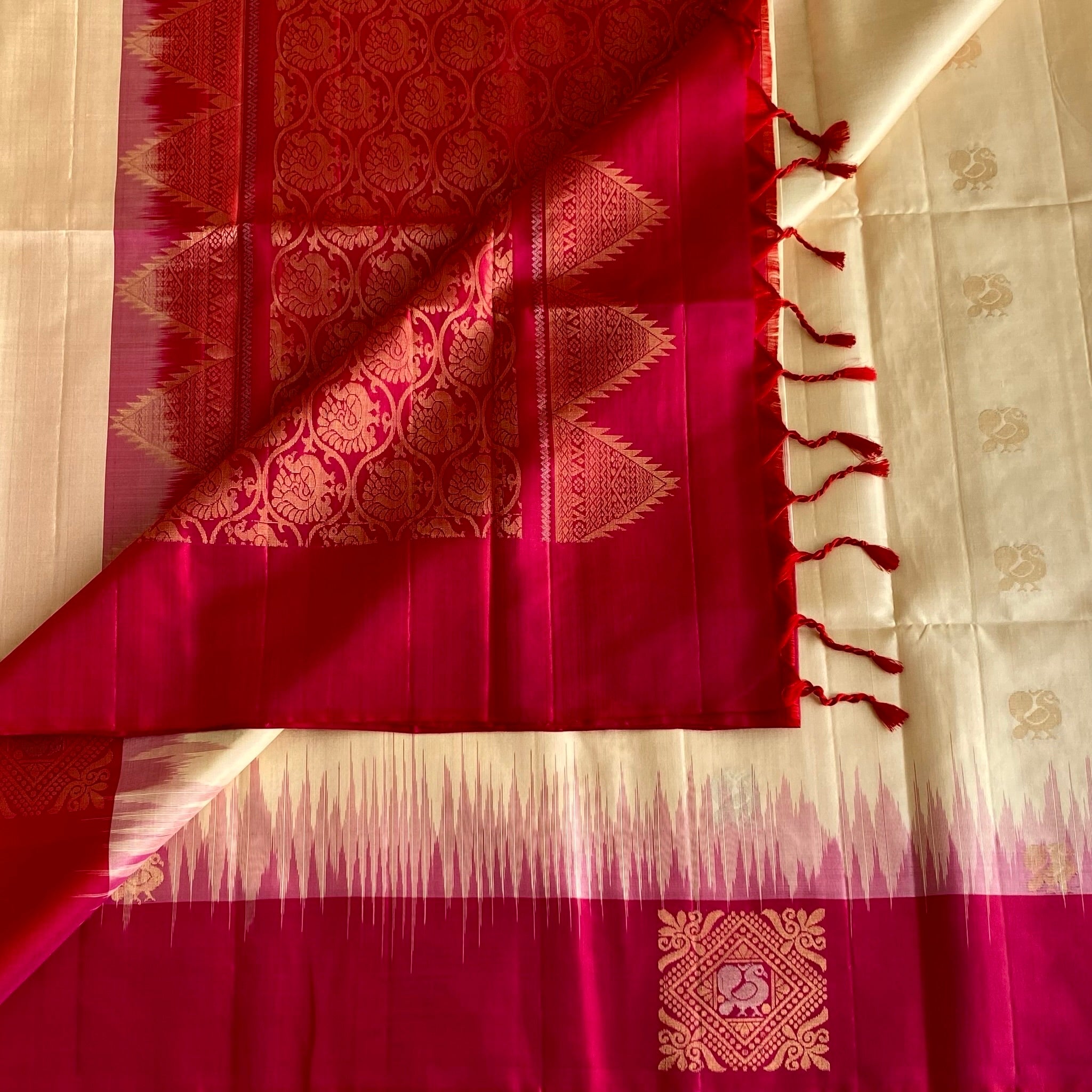 Ivory Pearl Designer Pure Silk Saree With Rani Pink And Gold Brocade