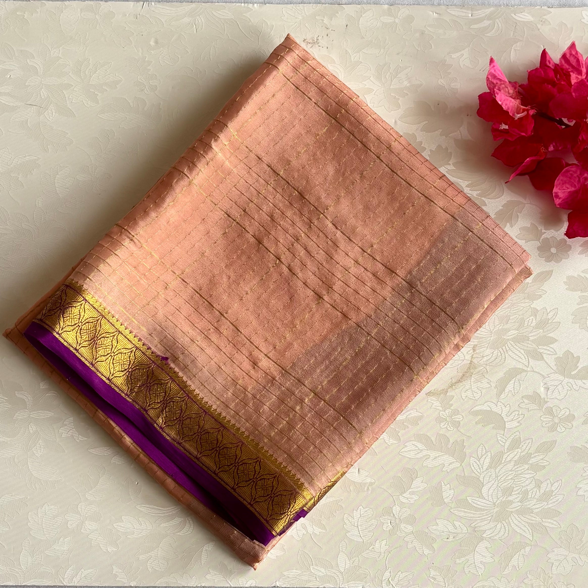 Dusty Peach Mysore Crepe Silk Saree With Royal Purple Pallu