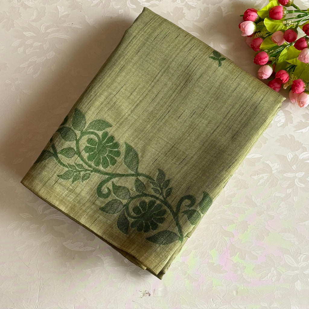 Moss Green Soft Jute Tussar Saree With Royal Blue Accents
