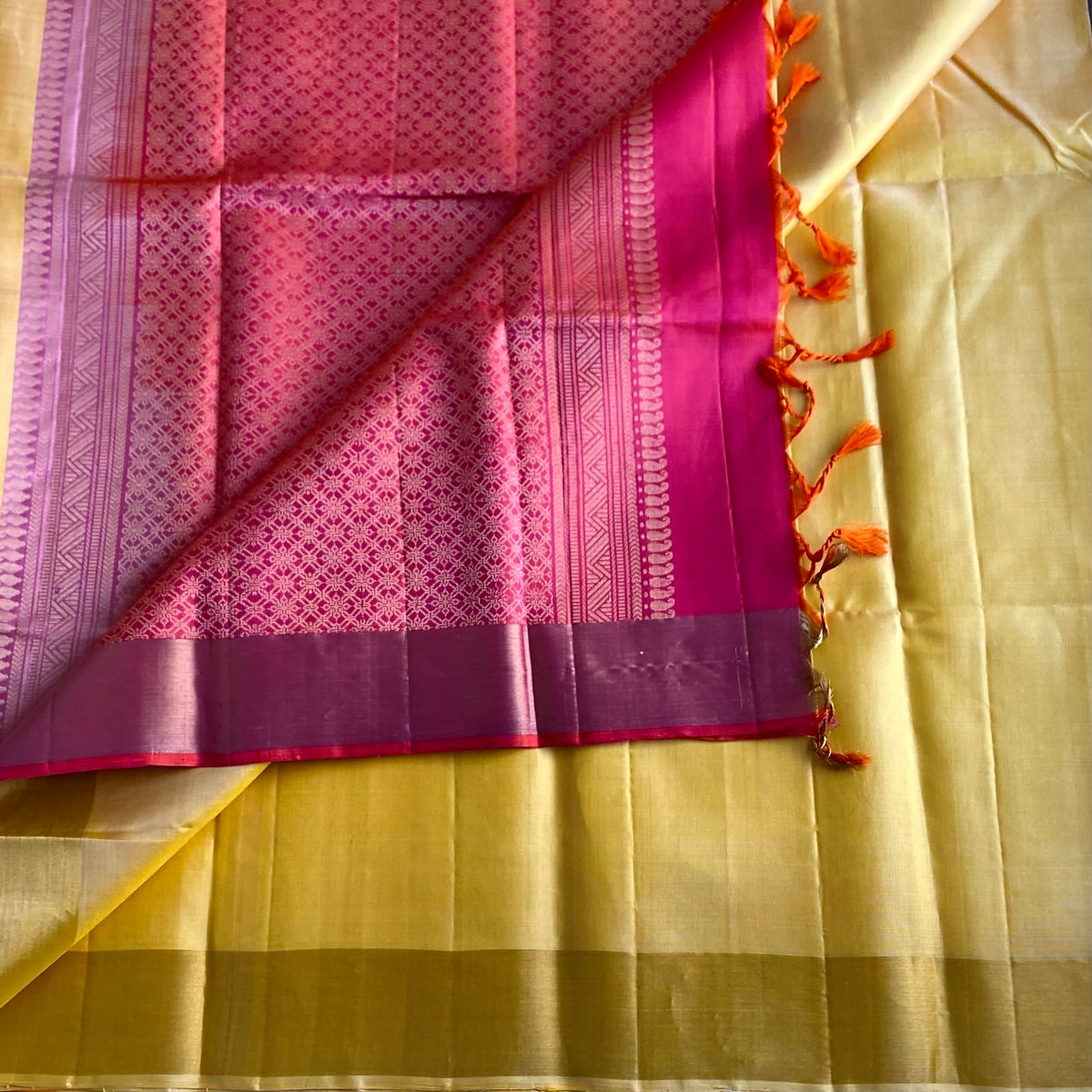 Lightest Yellow Gold Designer Pure Silk Saree With Rani Pink Pallu Gold Border