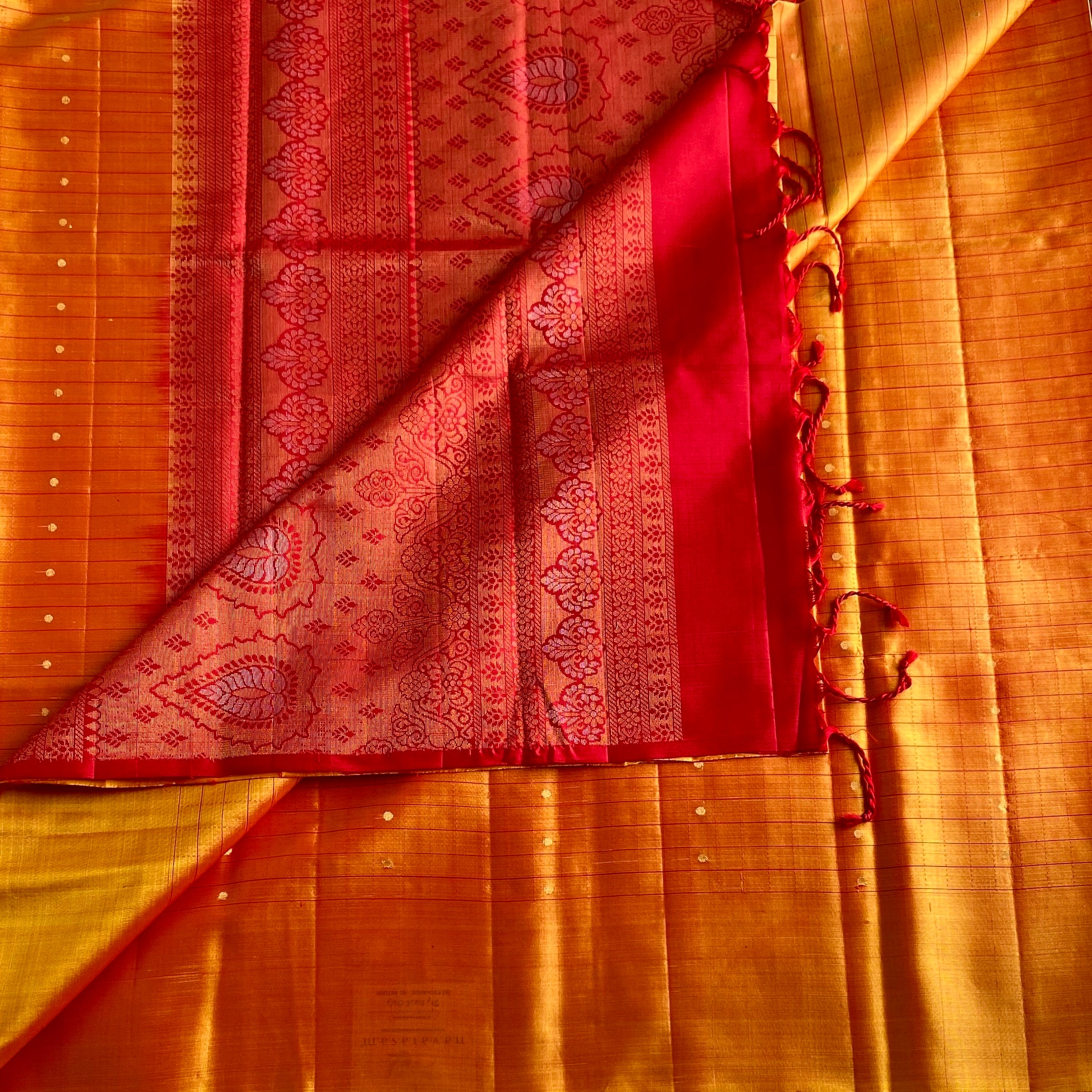 Saffron Orange Designer Pure Silk Saree With Crimson Red Pallu