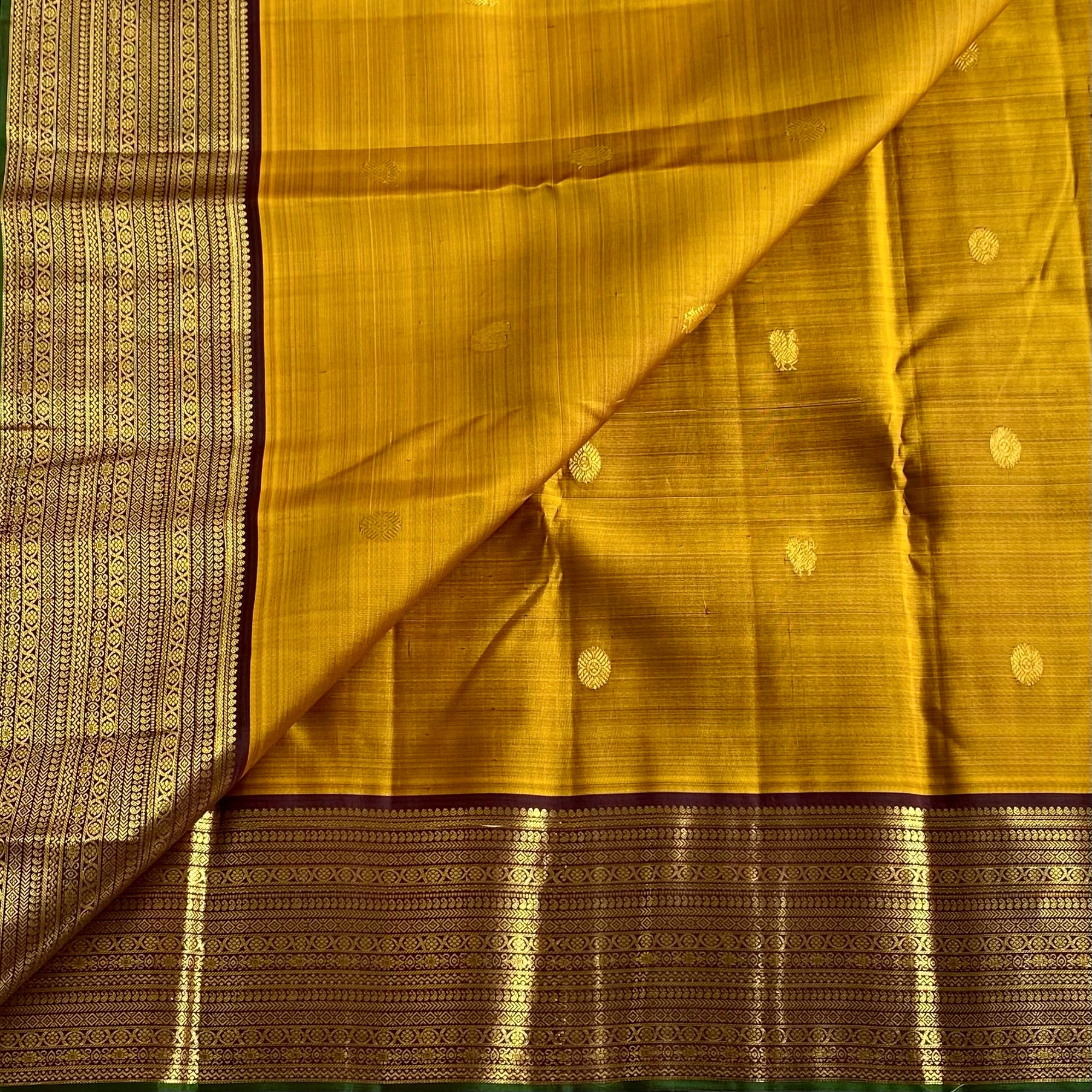 Mustard Yellow Kanjeevaram Pure Zari Silk Saree With Deep Maroon Pallu