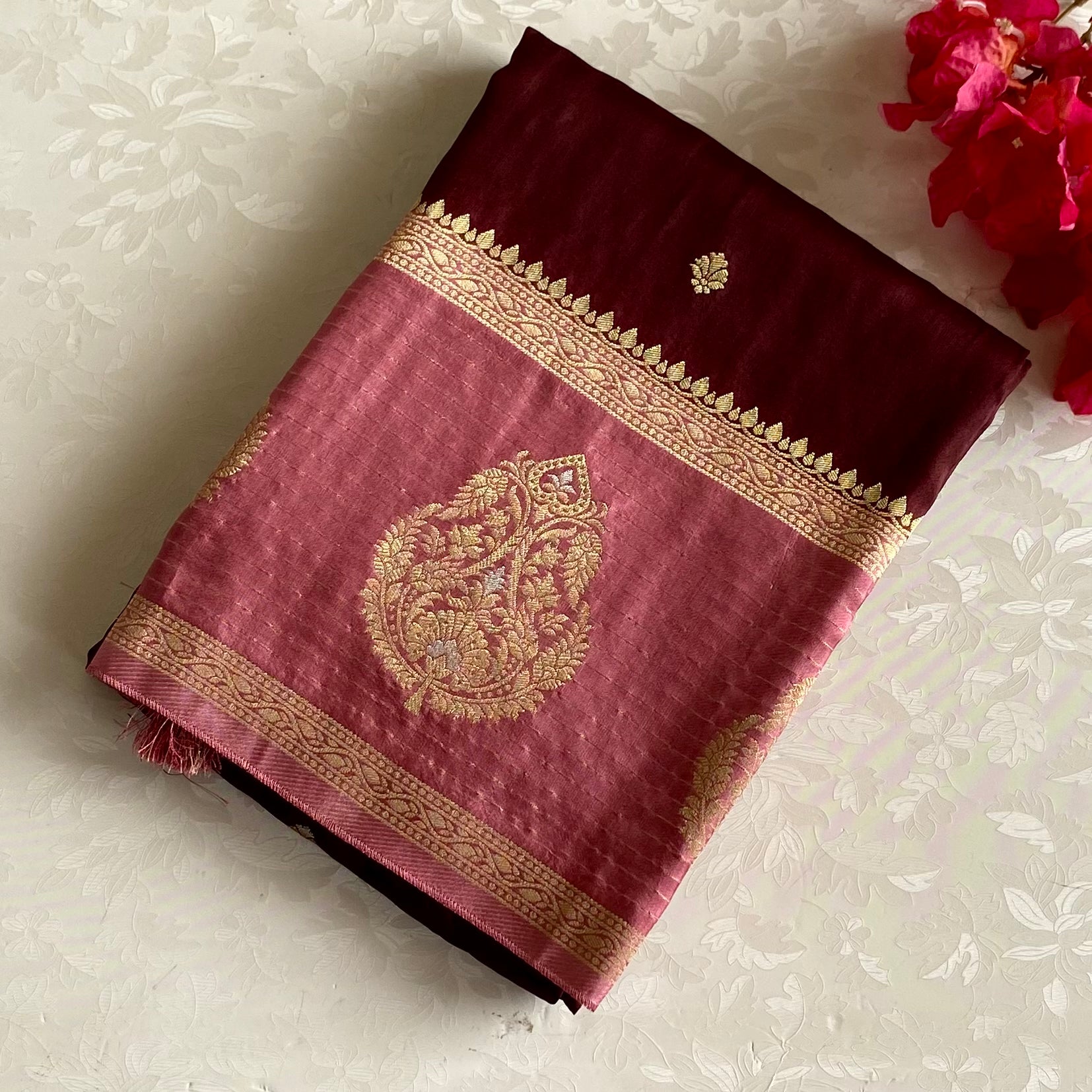 Deep Coffee Soft Tussar Silk Saree With Rose Pink Pallu