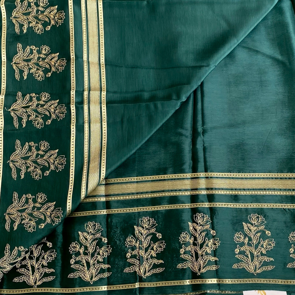 Metallic Green Green Soft Crepe Silk Saree With Metallic Gold Striped Pallu