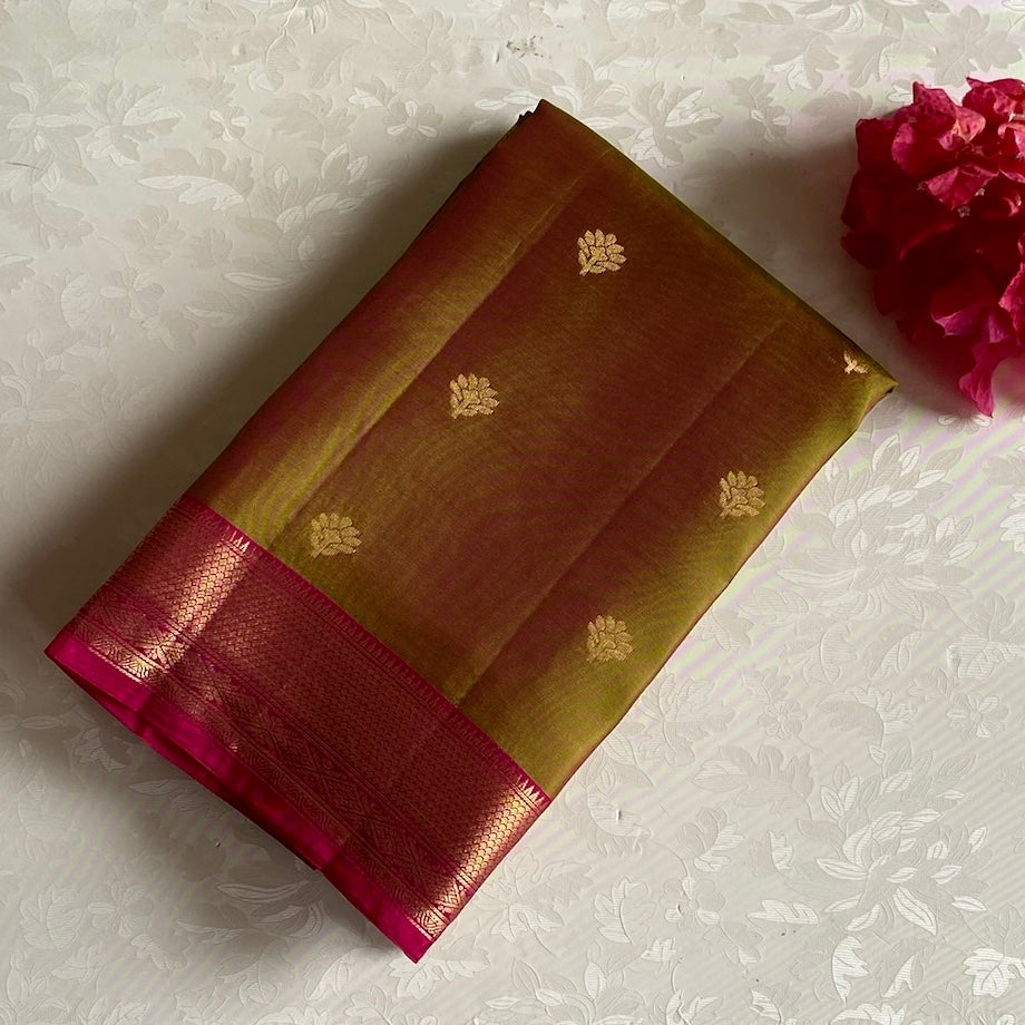 Dual Shaded Olive Green Designer Pure Silk Saree With Magenta Pallu