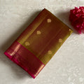 Dual Shaded Olive Green Designer Pure Silk Saree With Magenta Pallu