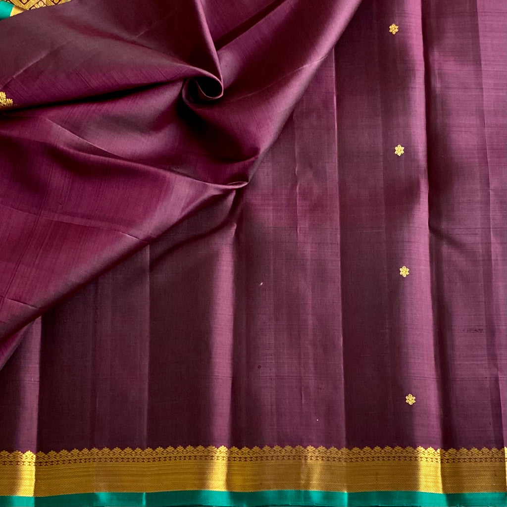 Plum Brown Kanjeevaram Pure Zari Silk Saree With Metallic Gold Pallu