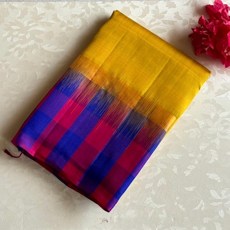 Golden Lime Pure Handwoven SilkWith Multi Checkered Borders & Pallu