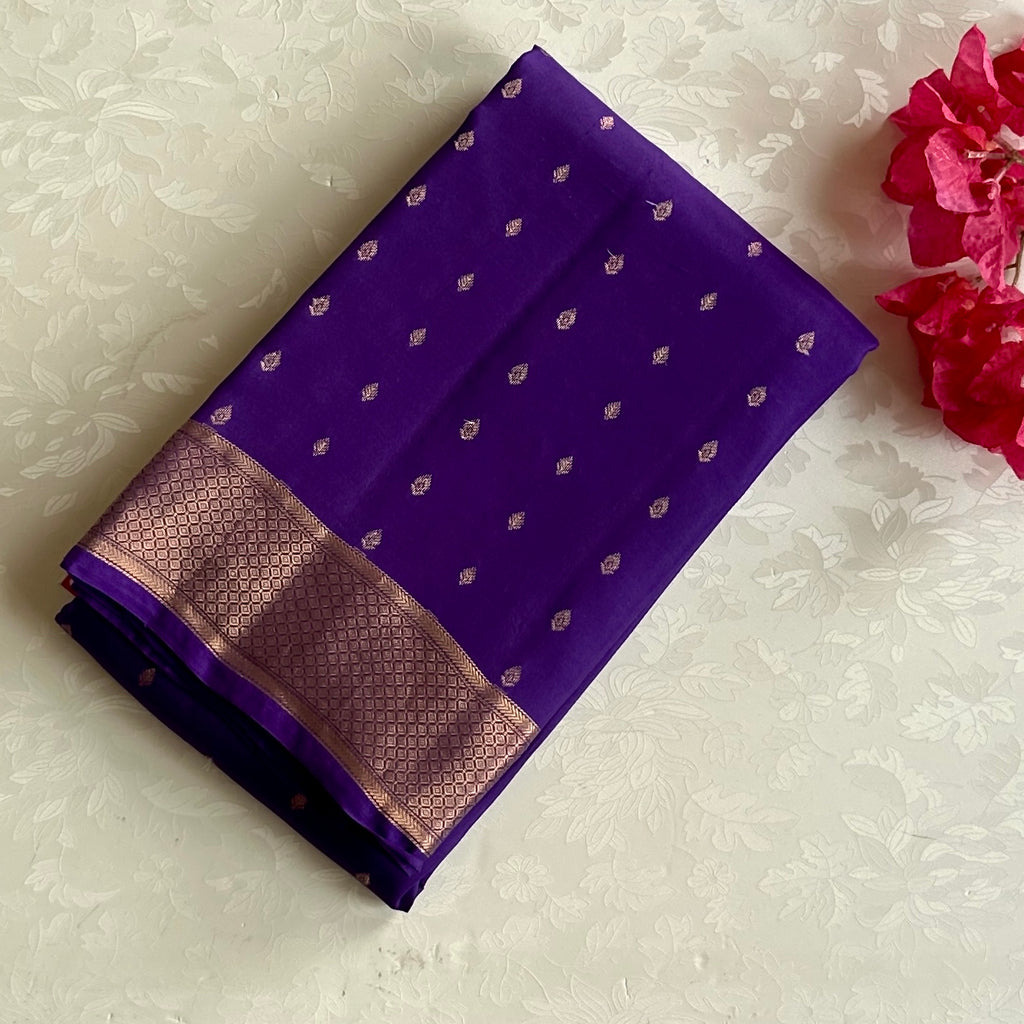 Royal Purple Silk Saree with Rose Gold Zari Lattice Border