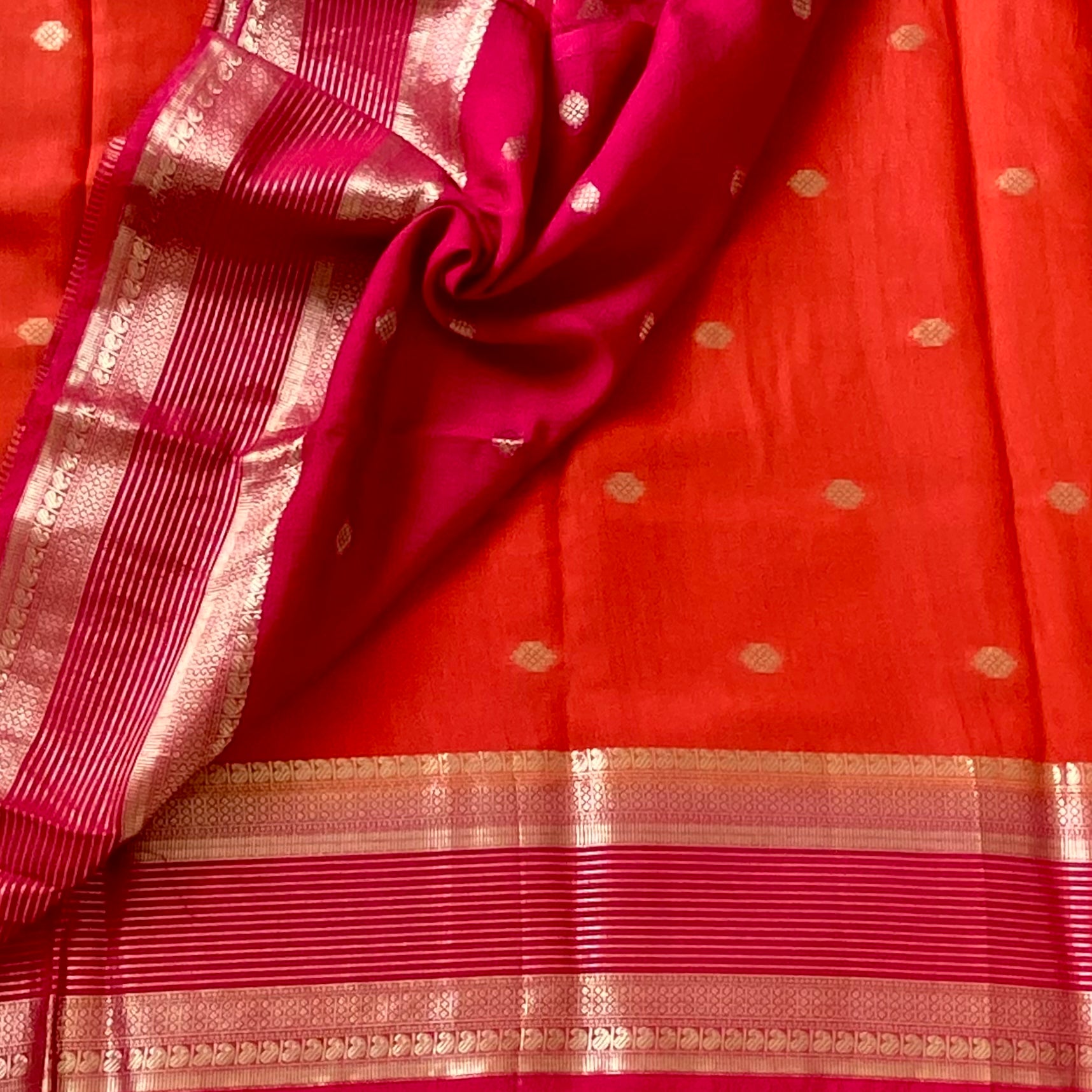 Tangerine Magenta Saree Gold Buti Zari Striped Border Festive Wear