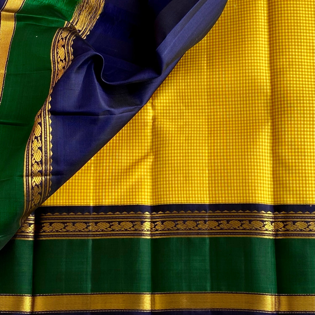 Micro checkered Gorgeous Yellow Retta Petta Borders Pure Kanjeevaram Silk