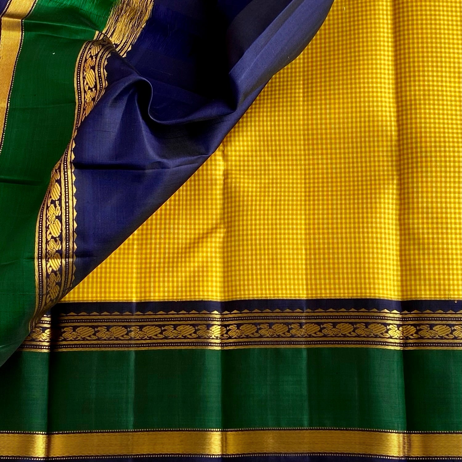 Micro checkered Gorgeous Yellow Retta Petta Borders Pure Kanjeevaram Silk