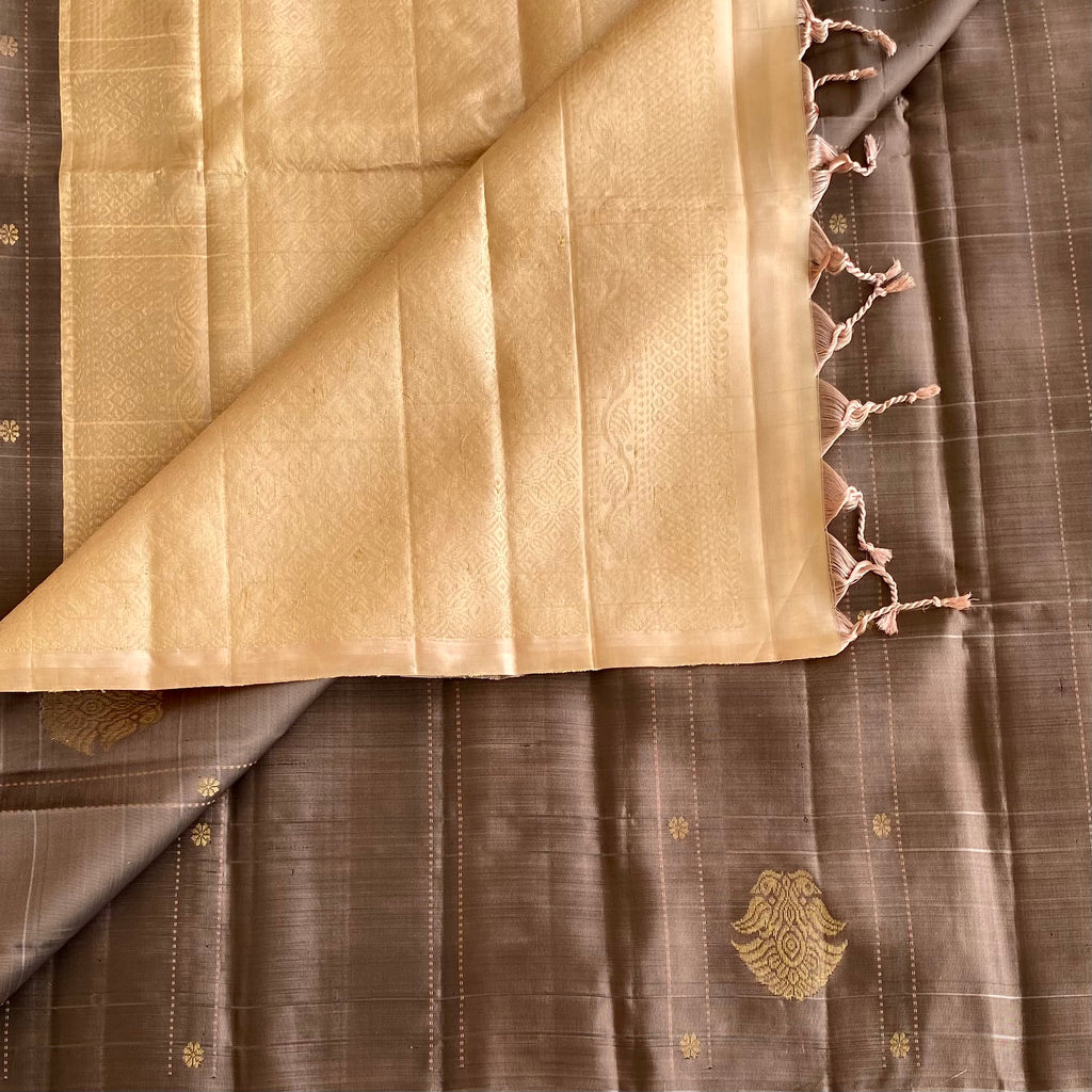 Taupe Brown Designer Pure Silk Saree With Antique Cream Pallu