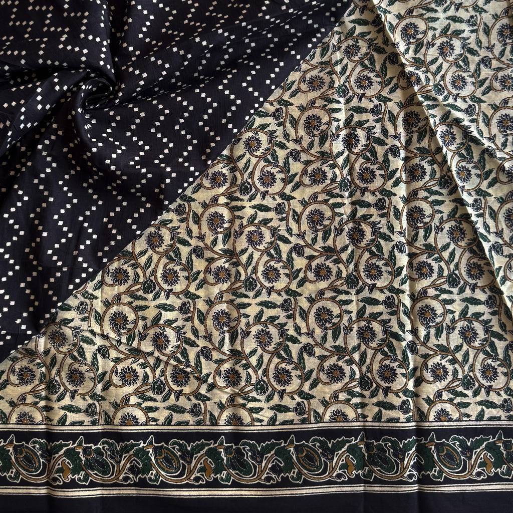 Forest Green Block Print Floral Saree with Black Paisley Border