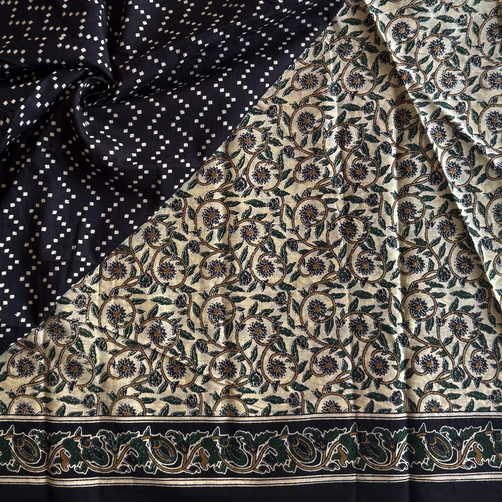 Forest Green Block Print Floral Saree with Black Paisley Border