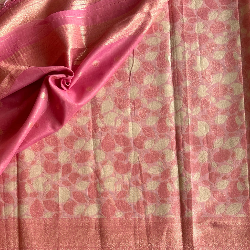 Rose Pink Silk Saree Pale Gold Leaf Zari Border Tassel Pallu