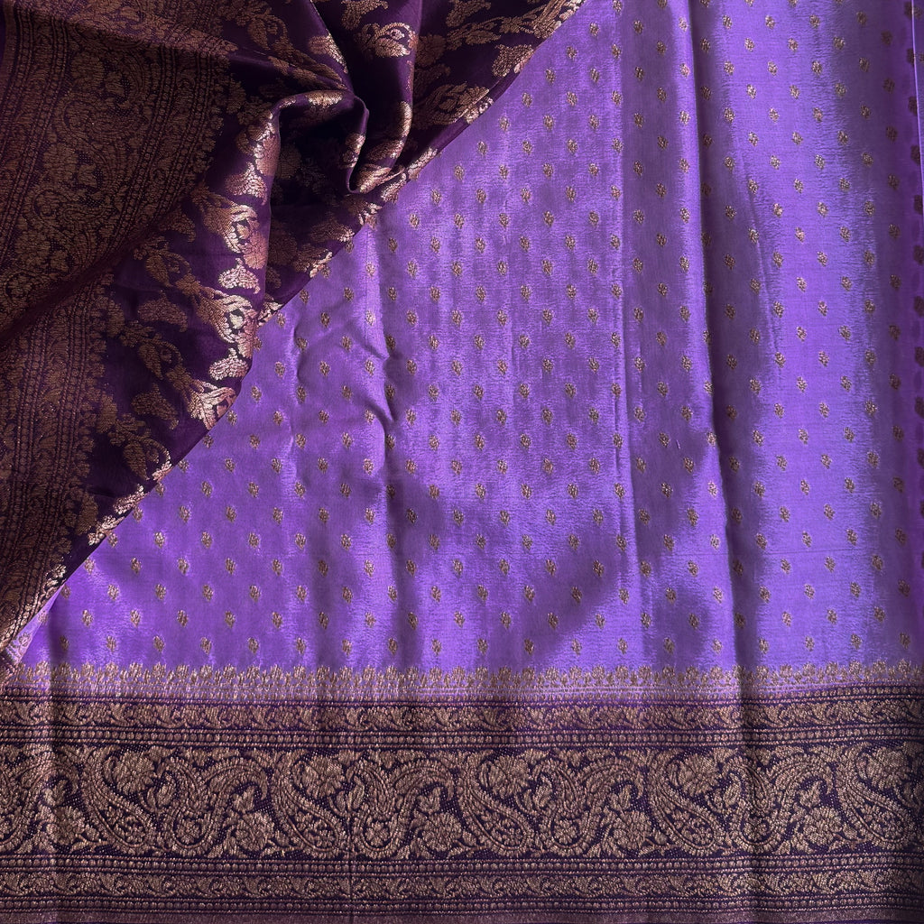 Royal Purple Brocade Saree Antique Gold Zari Lilac Pallu Traditional