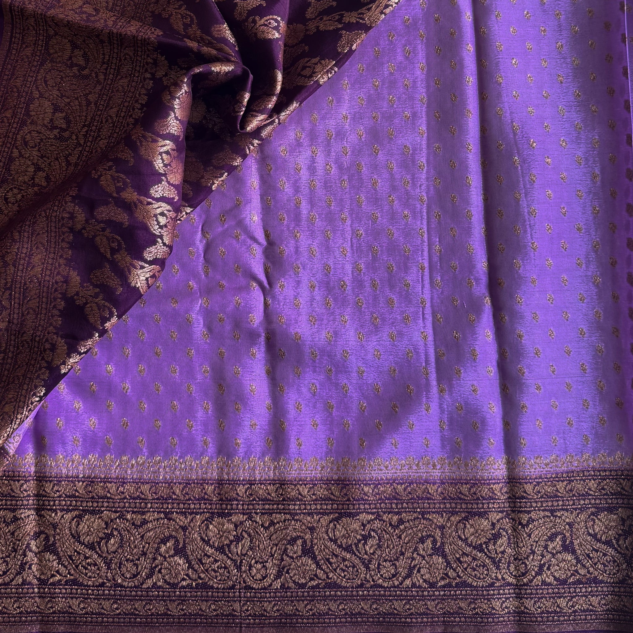 Royal Purple Brocade Saree Antique Gold Zari Lilac Pallu Traditional