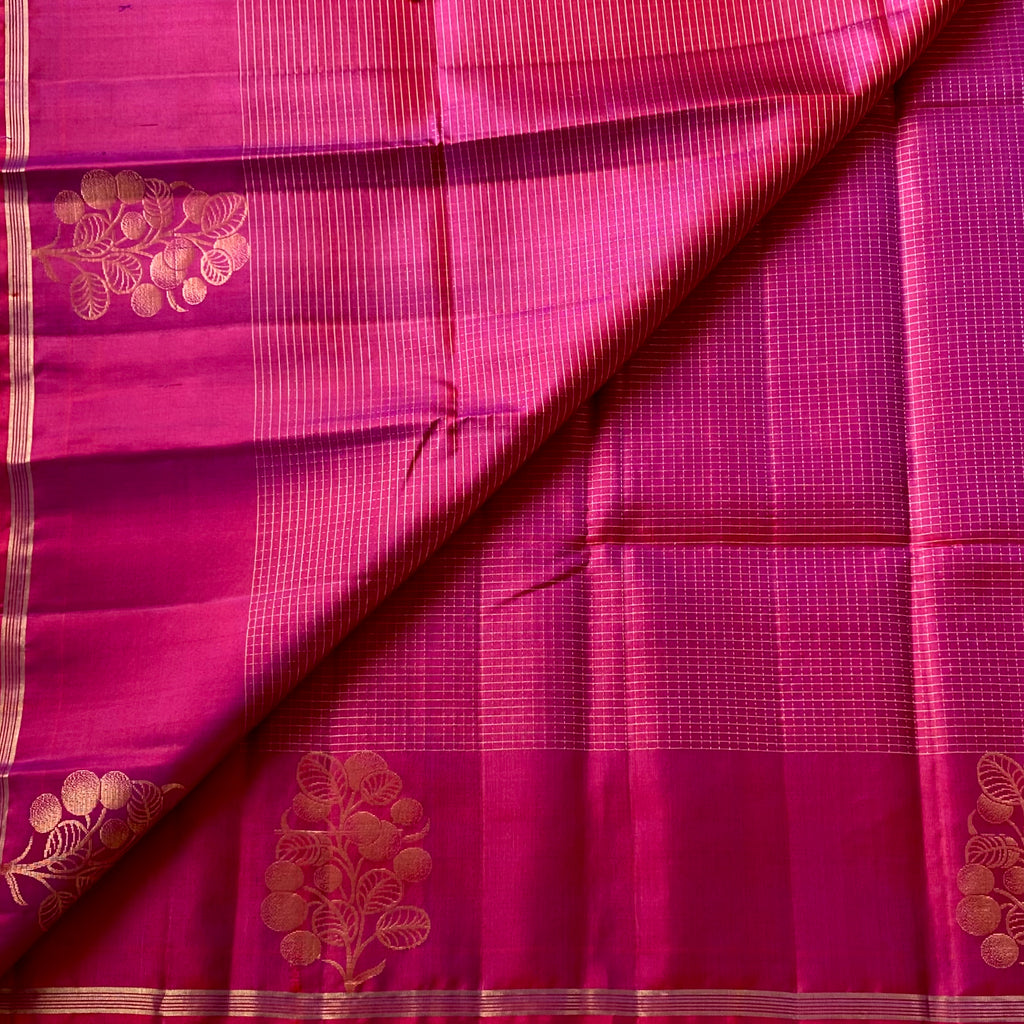 Fuchsia Gold Woven Floral Saree With Tassels For Wedding Festivities