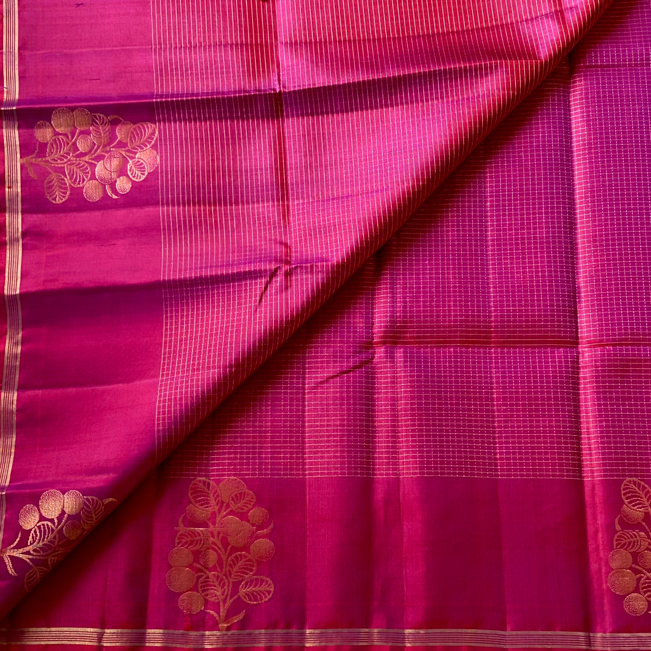 Fuchsia Gold Woven Floral Saree With Tassels For Wedding Festivities