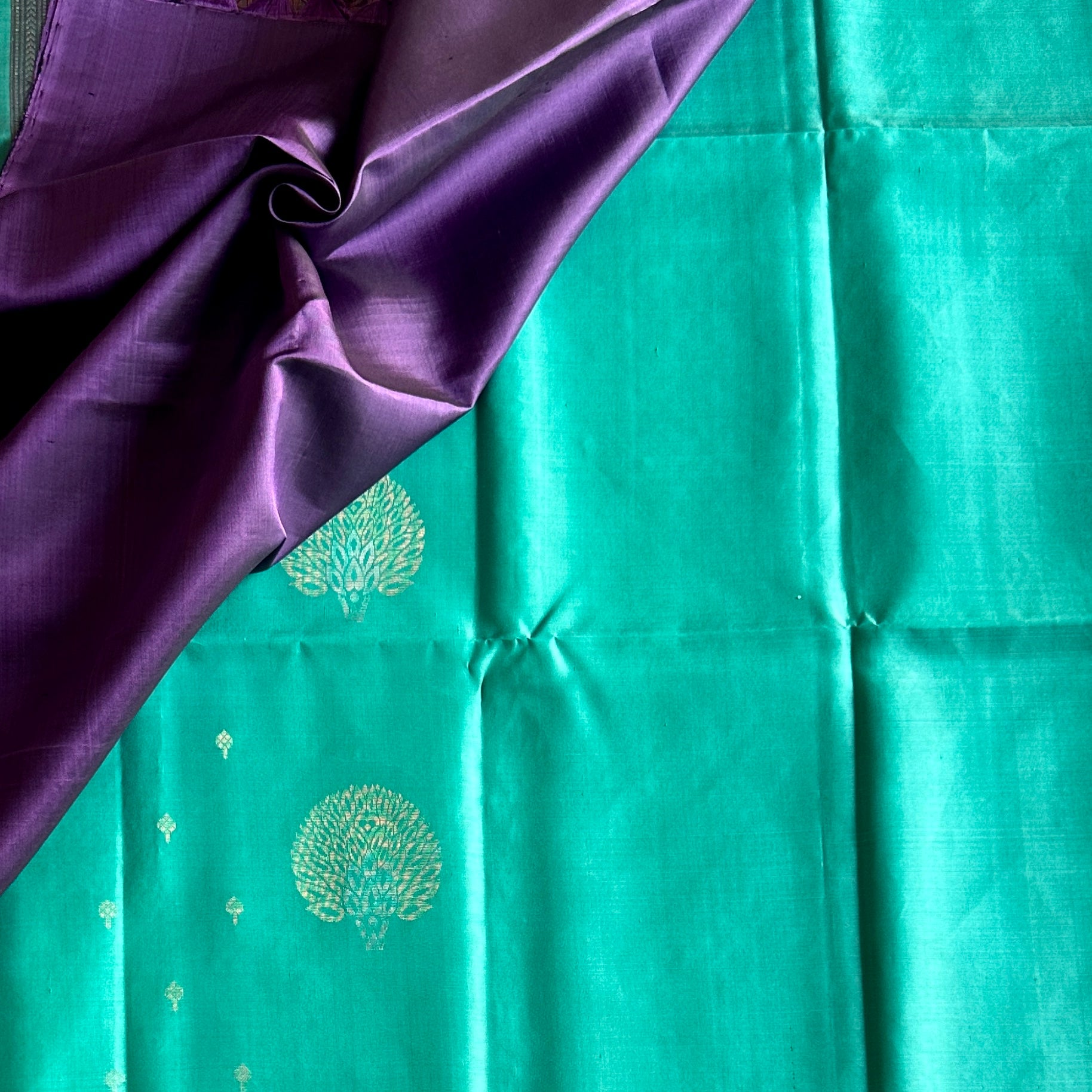 Teal Purple Traditional Saree Gold Geometric Pallu Elegant Wedding Wear