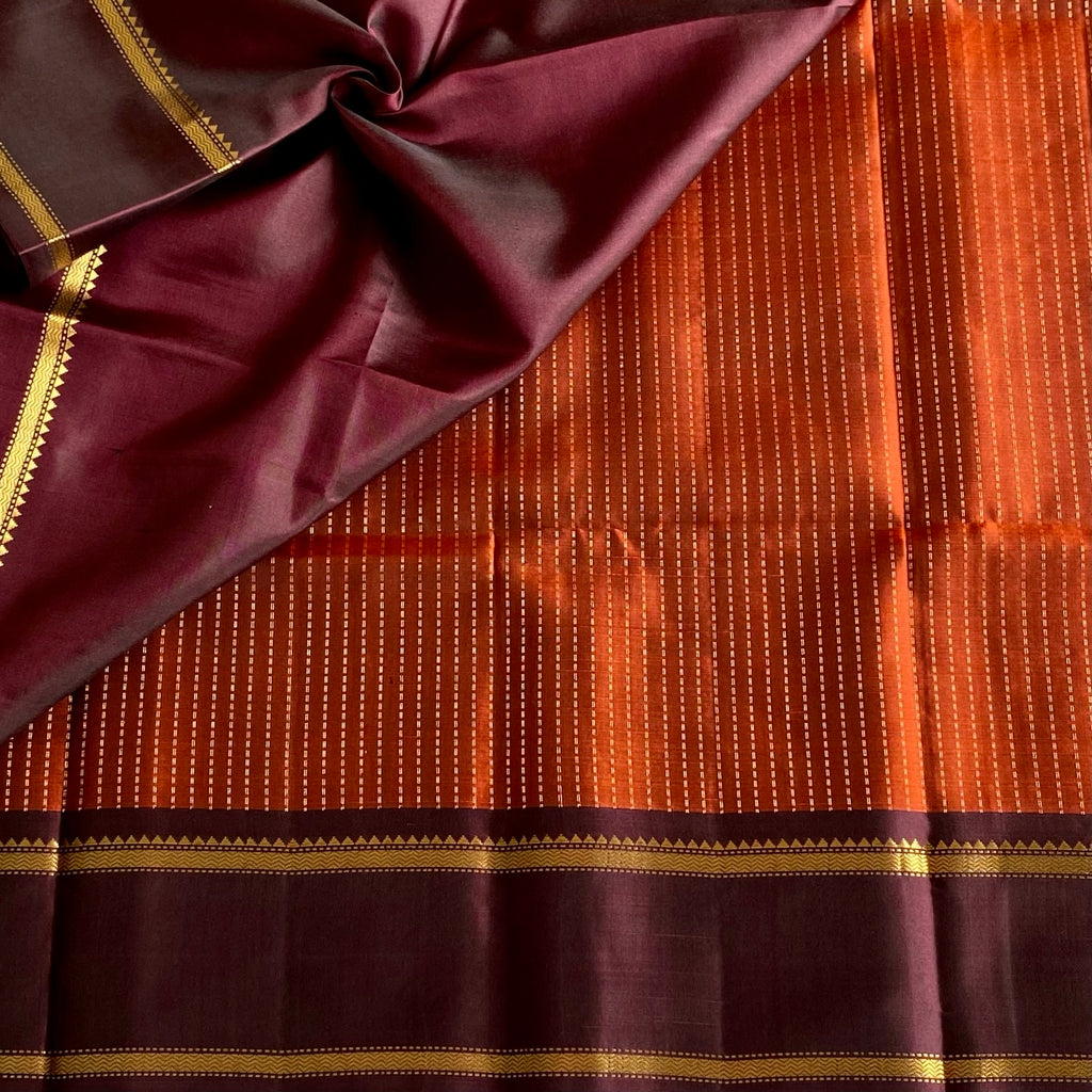 Classic Rust Orange Designer Pure Silk Saree With Chocolate Brown