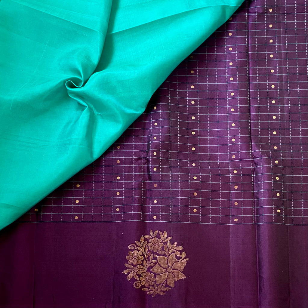 Turquoise Aubergine Silk Saree Gold Zari Floral Zigzag Pallu Traditional