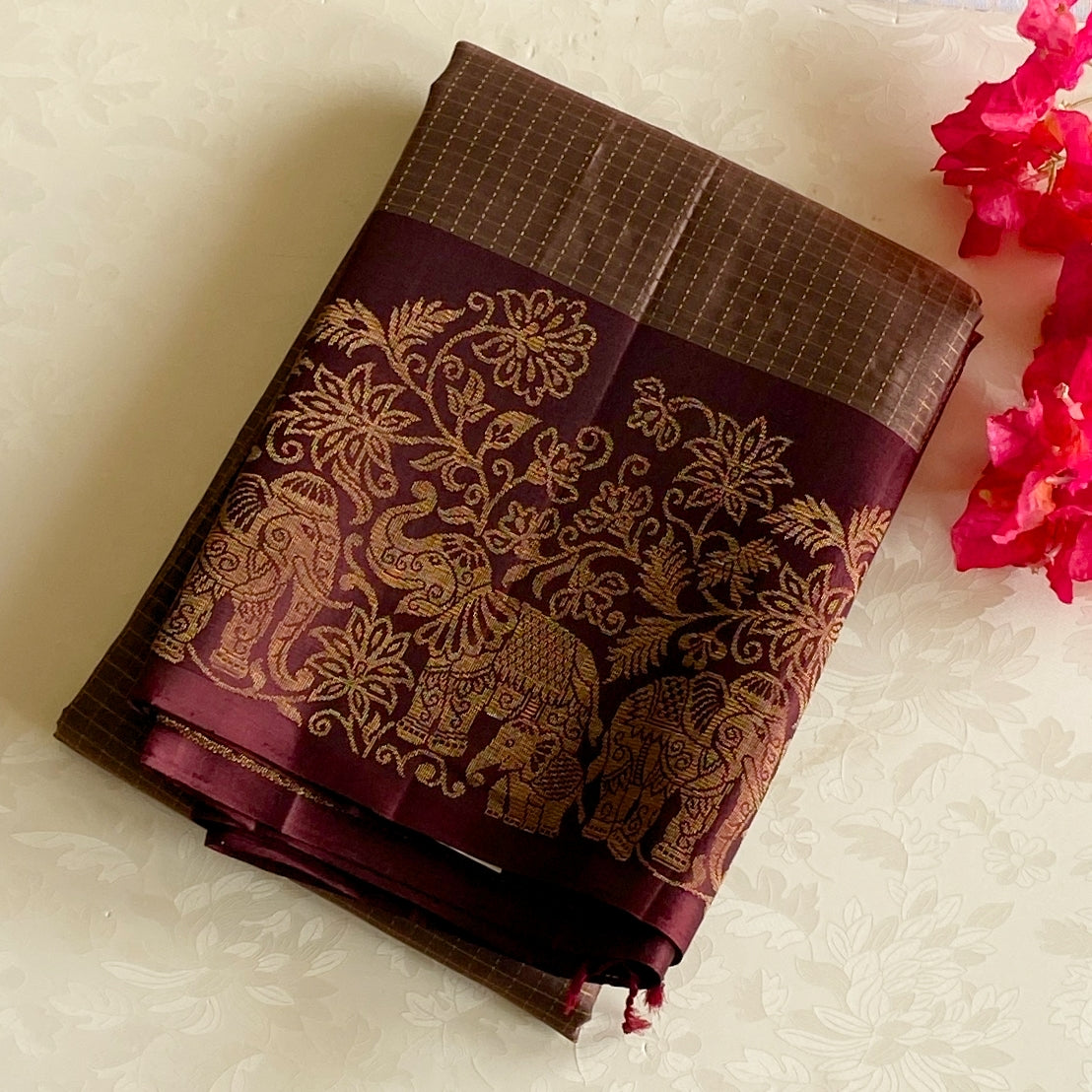 Burgundy Gold Woven Saree Elephant Border Traditional Festive Elegant Luxury