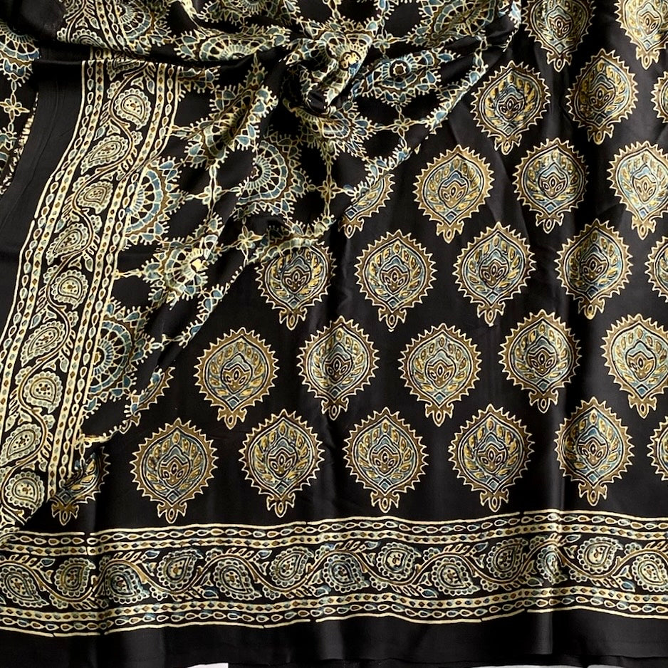 Jet Black Ajrakh Handblock Designer Pure Silk Saree With Antique Gold Motifs