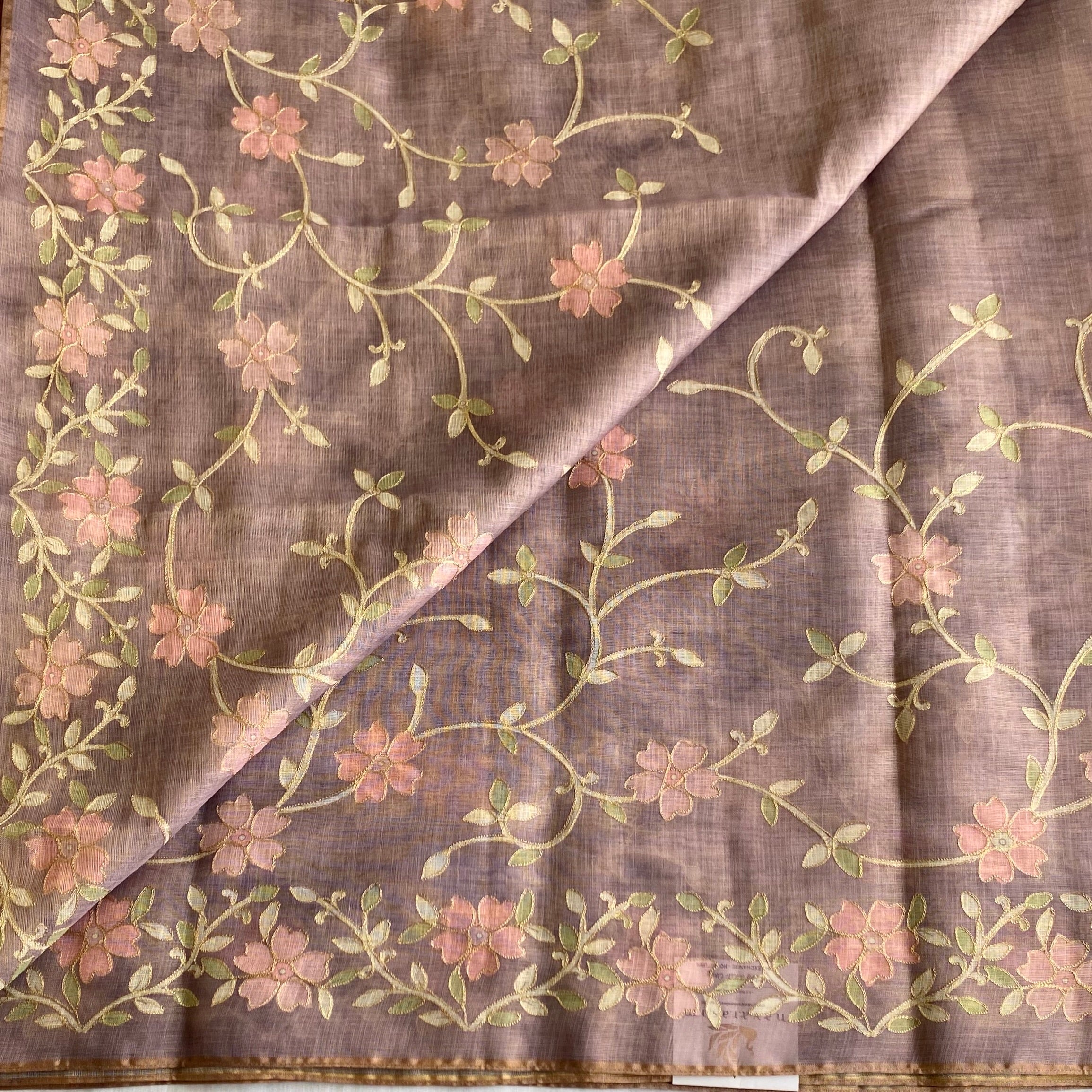 Light Lavender Floral Embroidered Saree with Gold Border Lightweight Elegant Occasion Wear