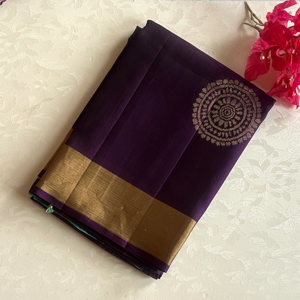 Aubergine Silk Saree with Mint Turquoise Pallu and Gold Zari