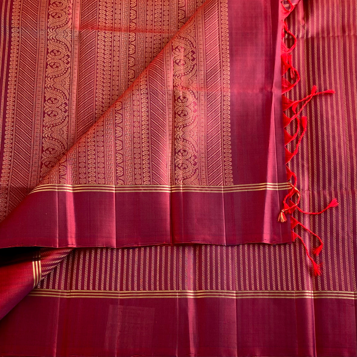 Deep Maroon Designer Pure Silk Saree With Antique Gold