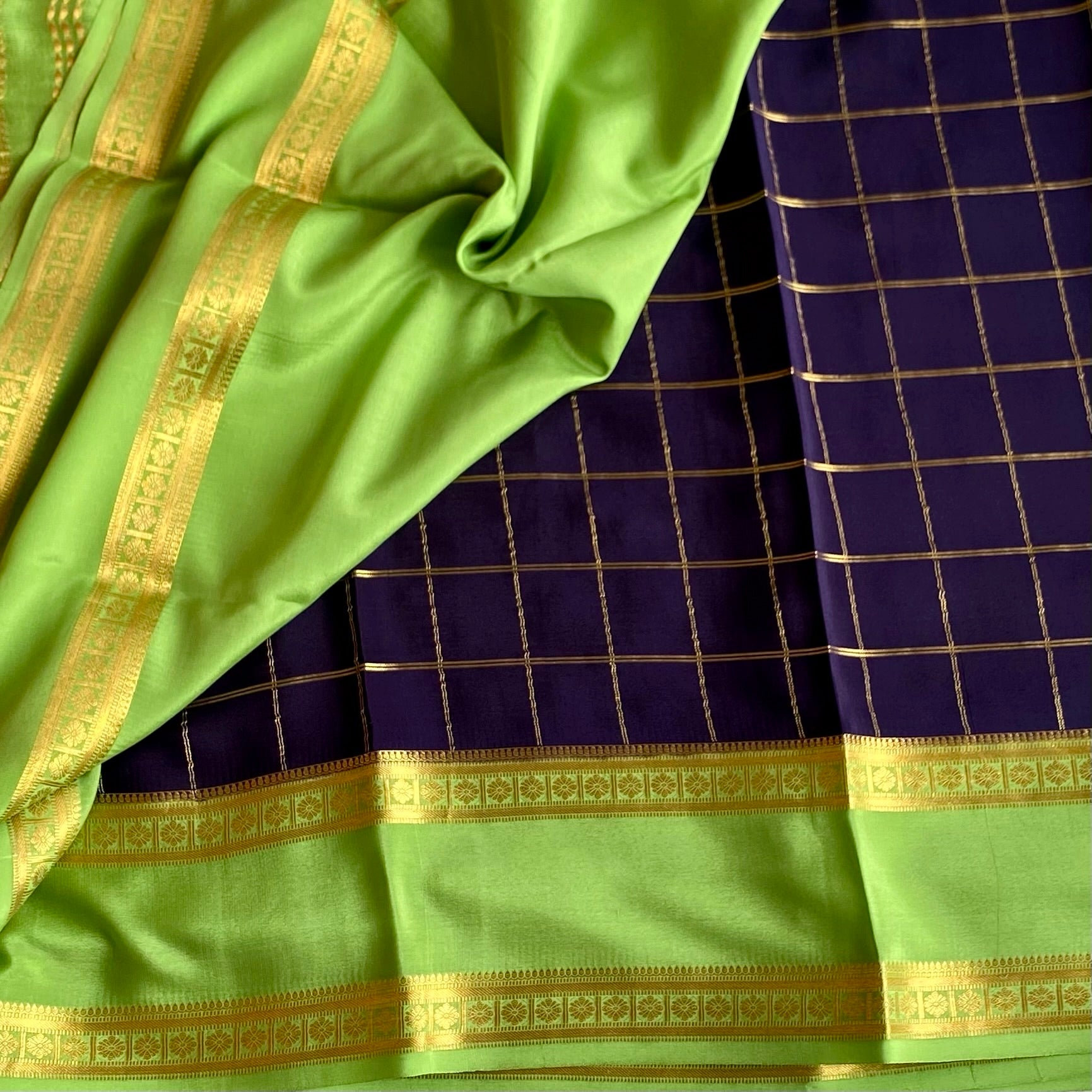 Midnight Navy Checkered Mysore Crepe Silk Saree With Lime Green Border
