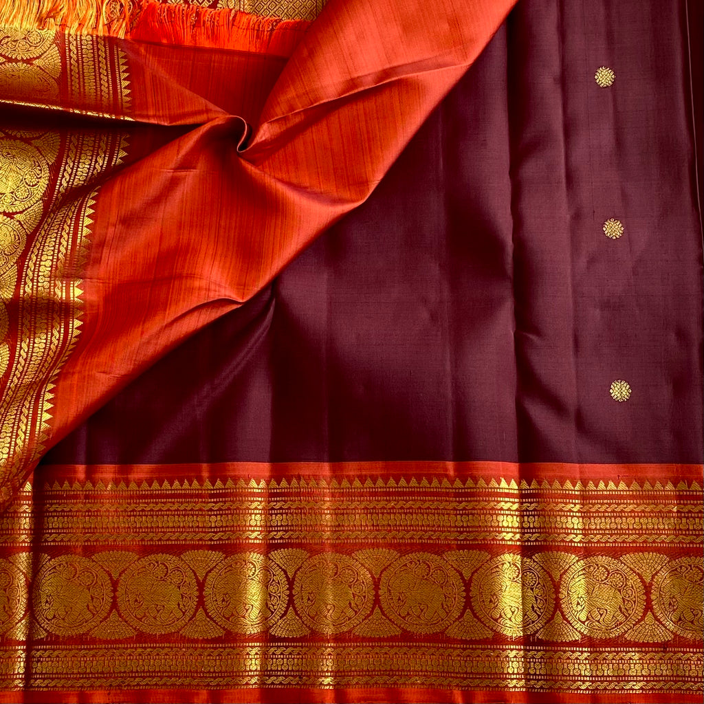 Deep Wine Brown Kanjeevaram Pure Zari Silk Saree With Saffron Orange Pallu