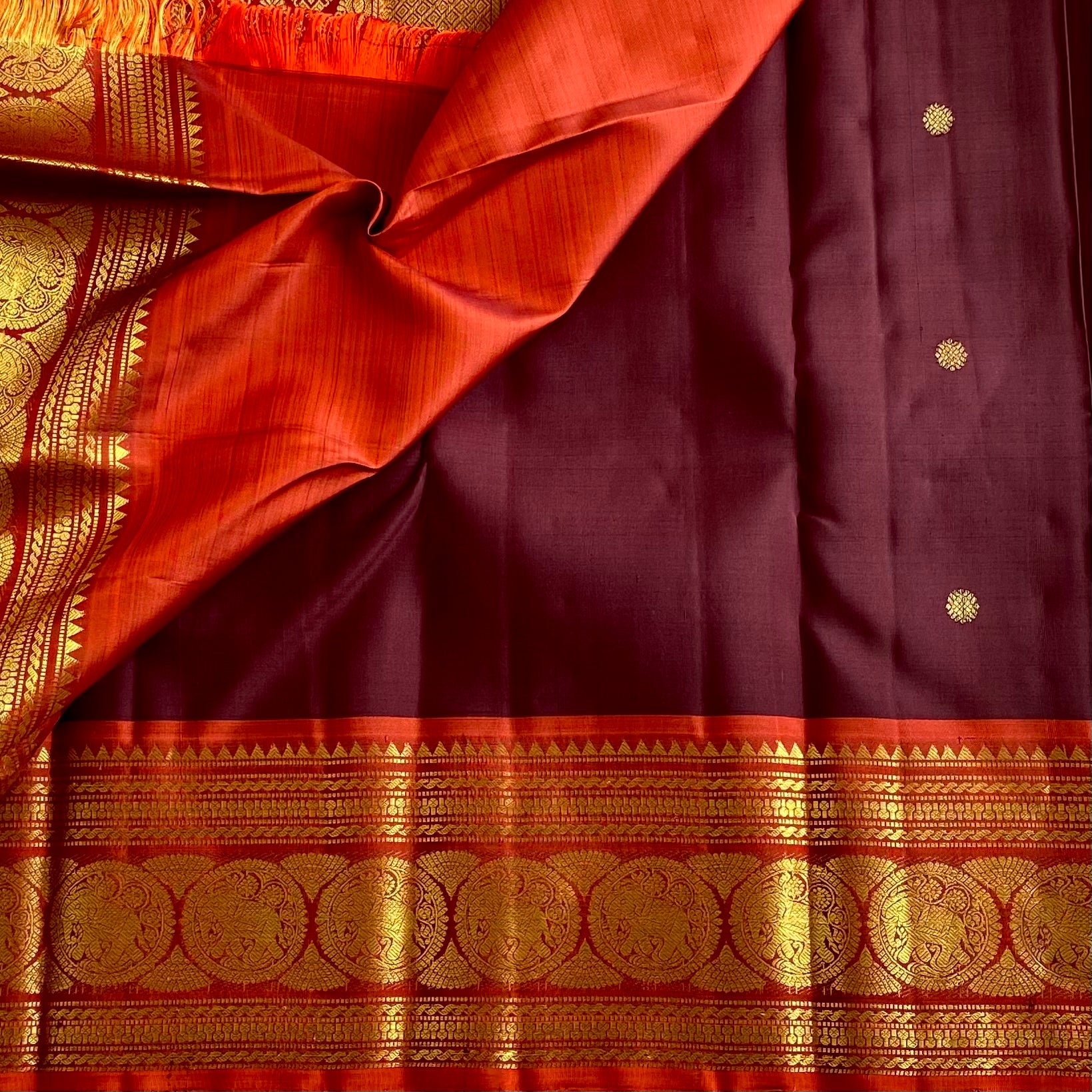 Deep Wine Brown Kanjeevaram Pure Zari Silk Saree With Saffron Orange Pallu