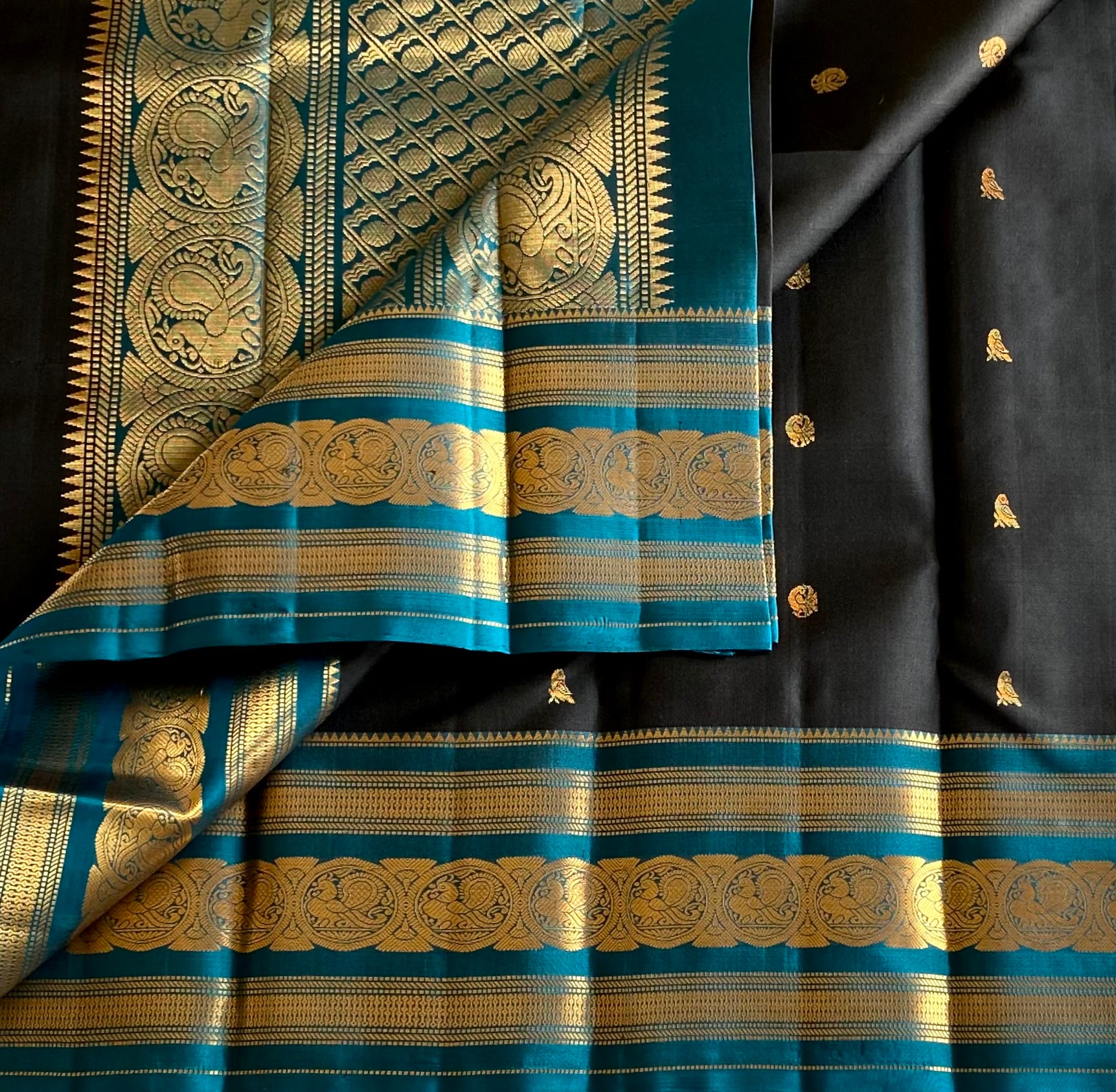 Elegant Charcoal Teal Silk Saree With Gold Woven Medallion Border