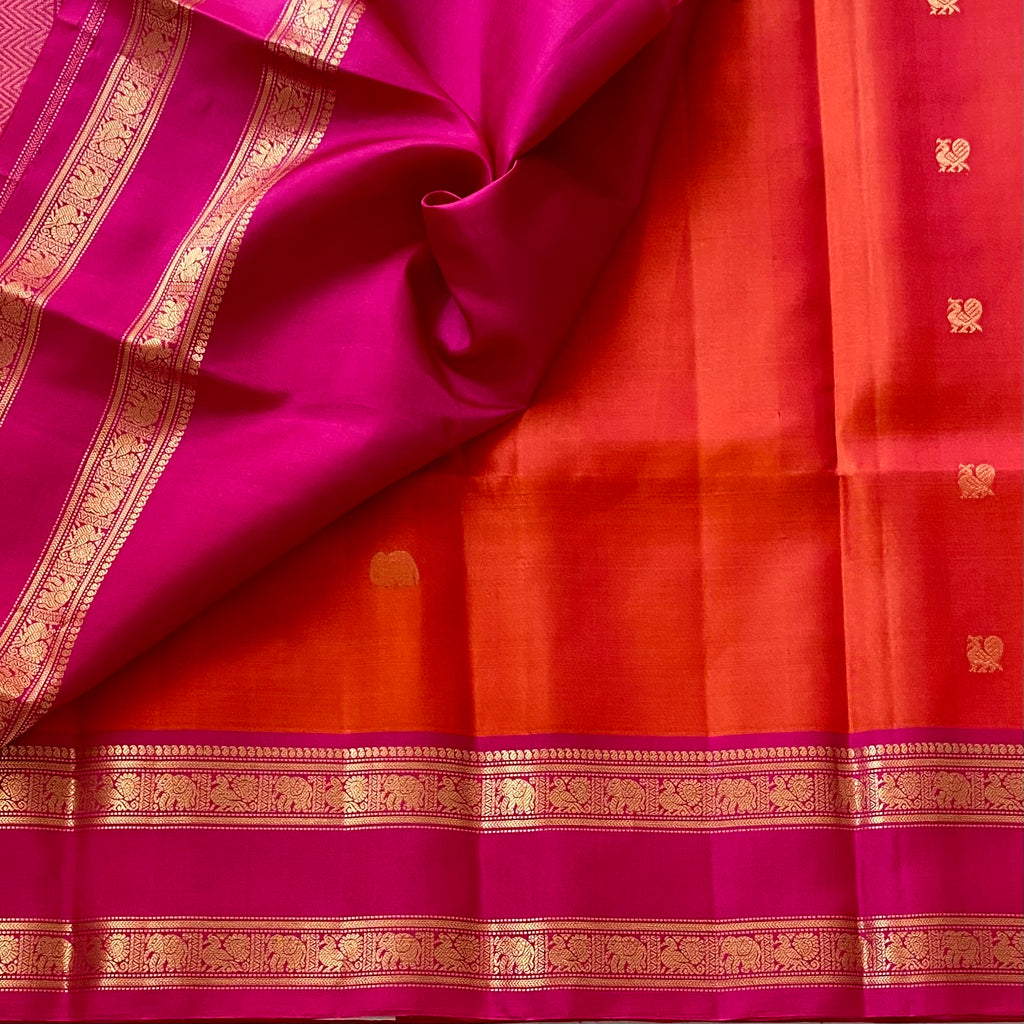 Tangerine Orange Designer Pure Silk With Retta Pett Borders Rani Pink Pallu