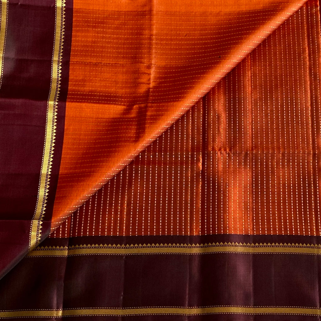 Classic Rust Orange Designer Pure Silk Saree With Chocolate Brown