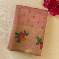 Coral Peach Floral Saree with Golden Border Tassel Pallu