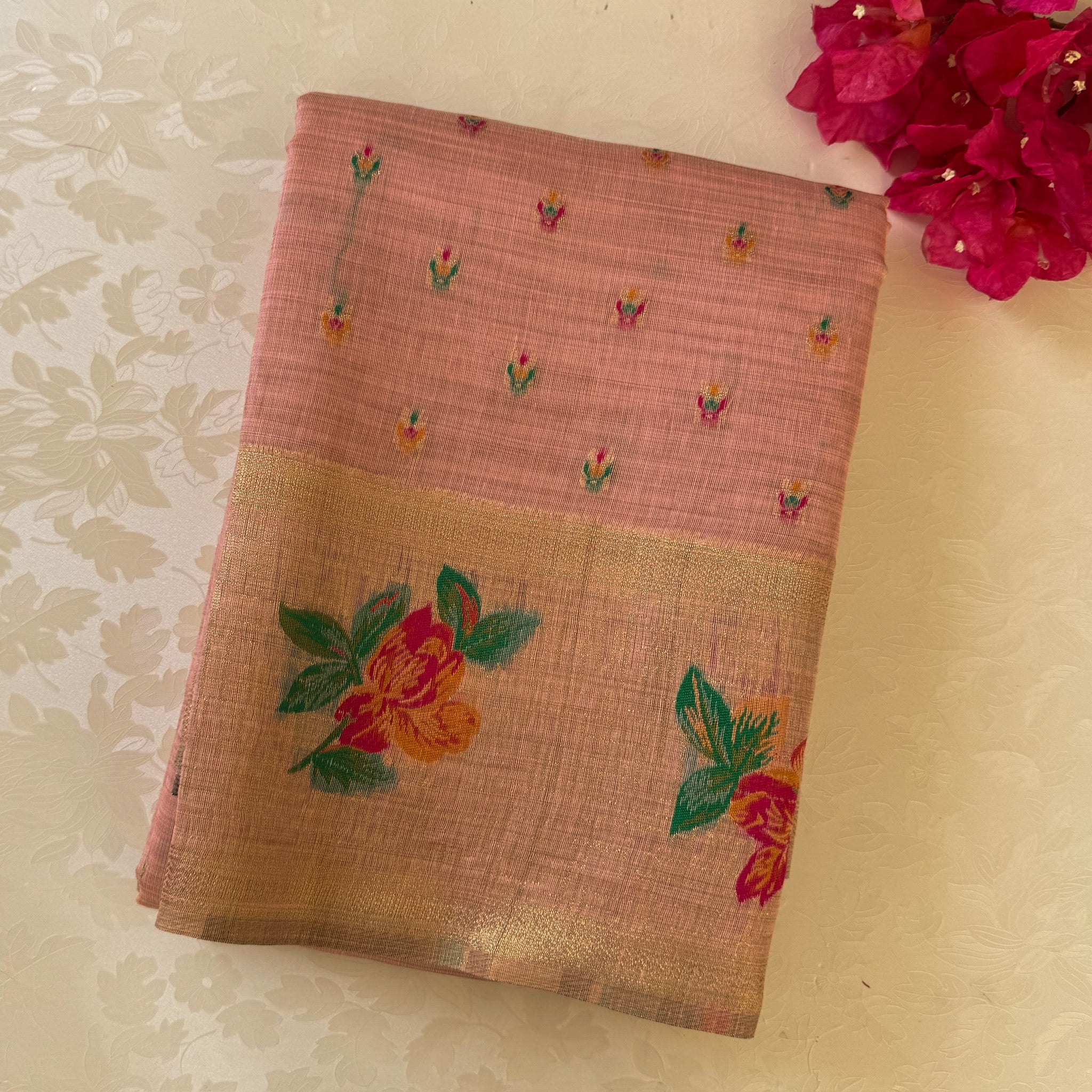 Coral Peach Floral Saree with Golden Border Tassel Pallu