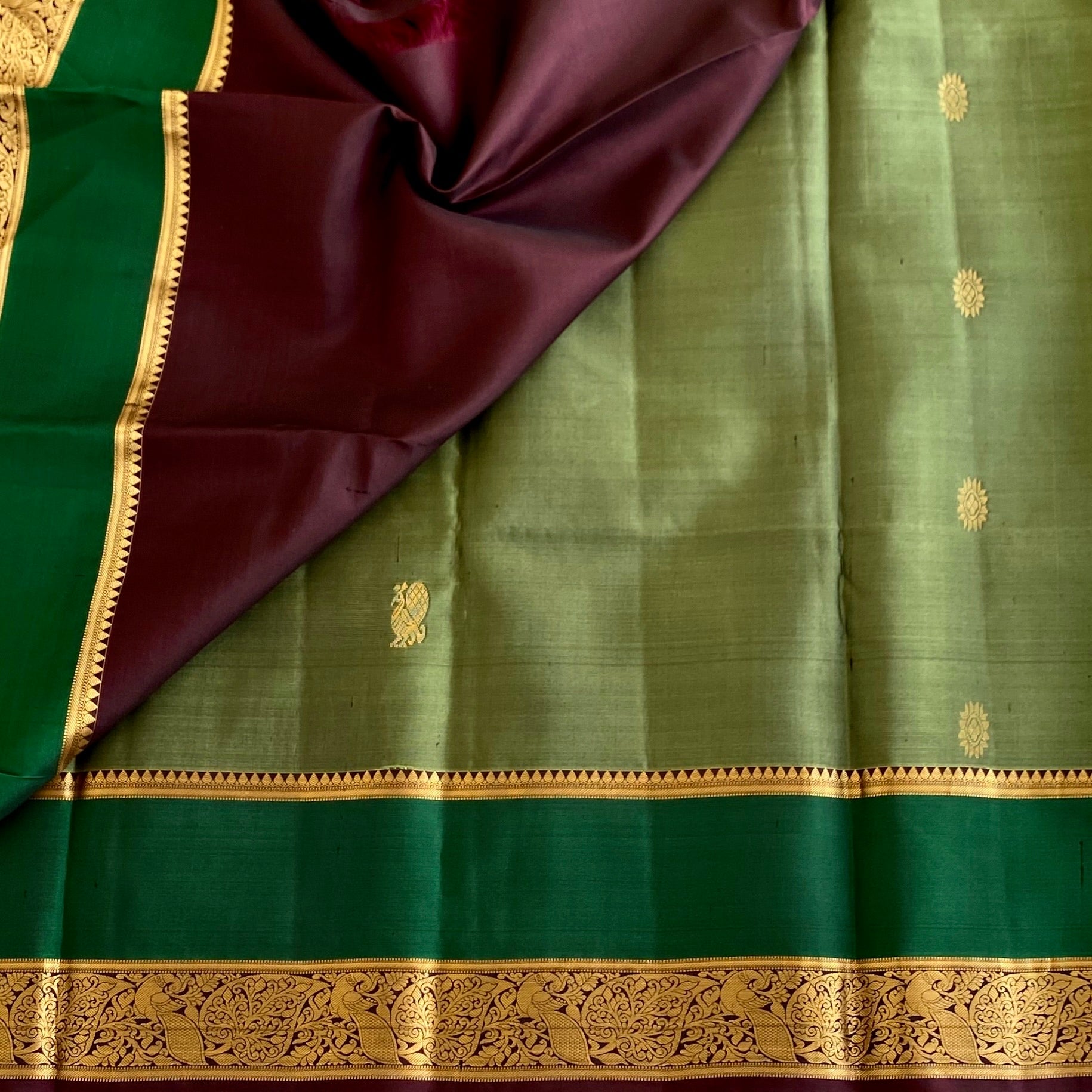 Olive Green Designer Pure Silk with Dark Wine Brown & Bottle Green