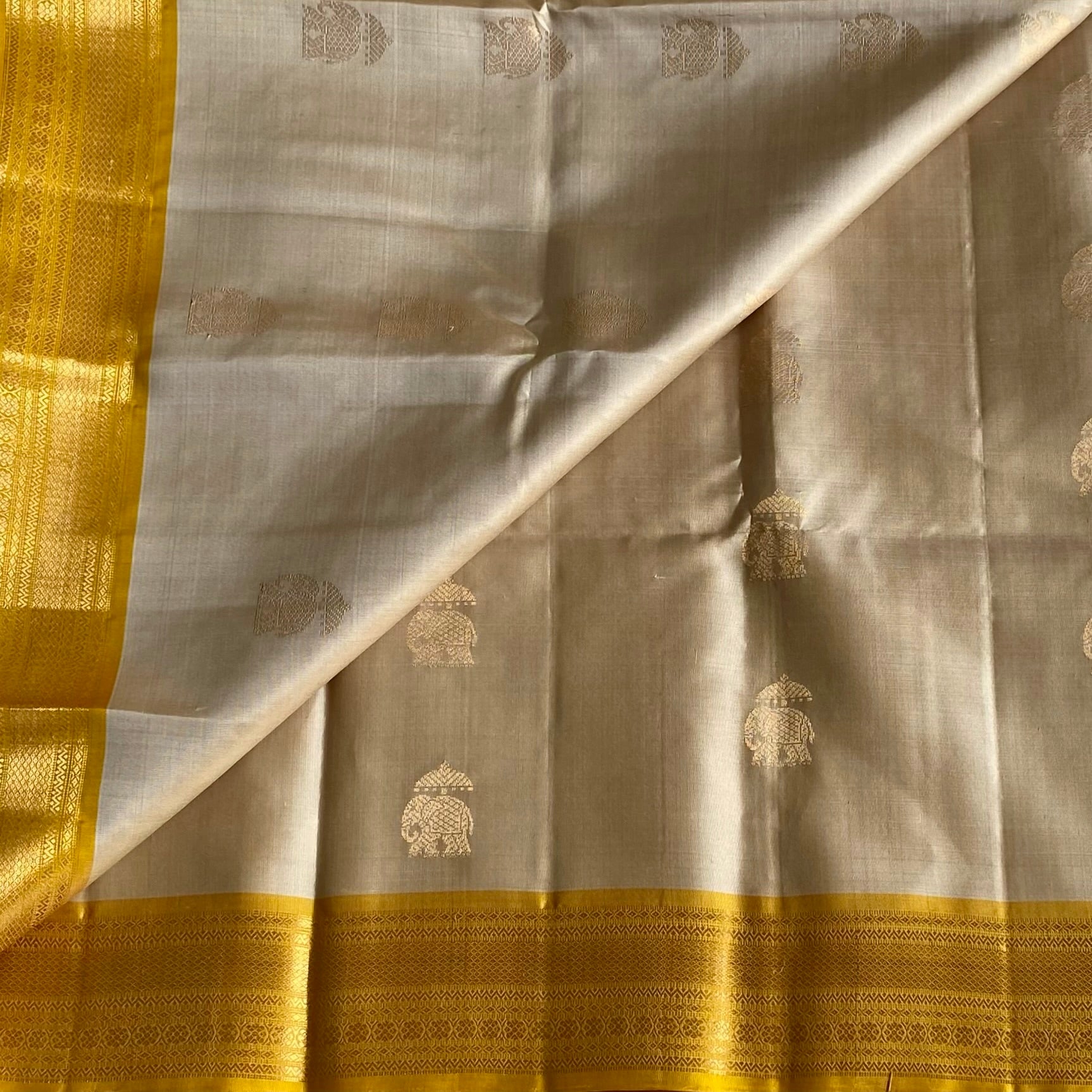 Champagne Beige Designer Pure Silk with Magical mango yellow Contrast