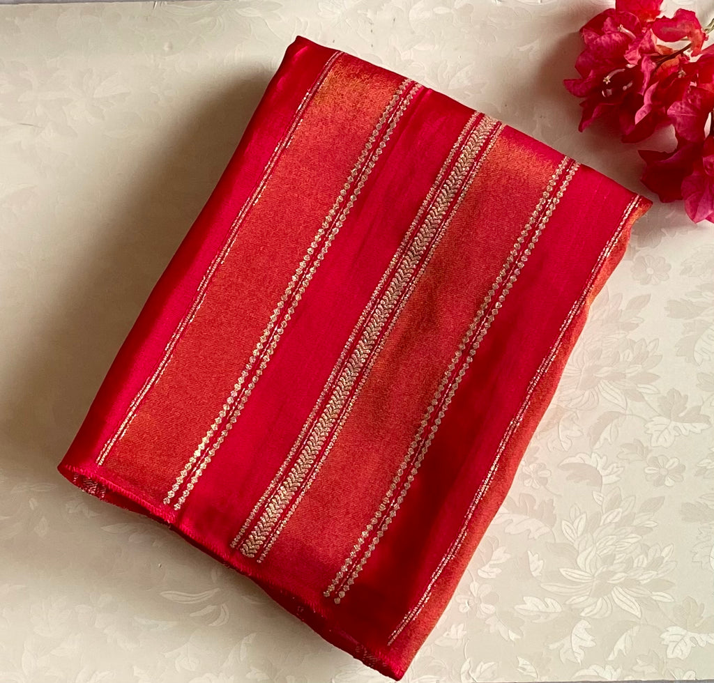 Red Gold Silk Saree With Green Border Festive Traditional Wear