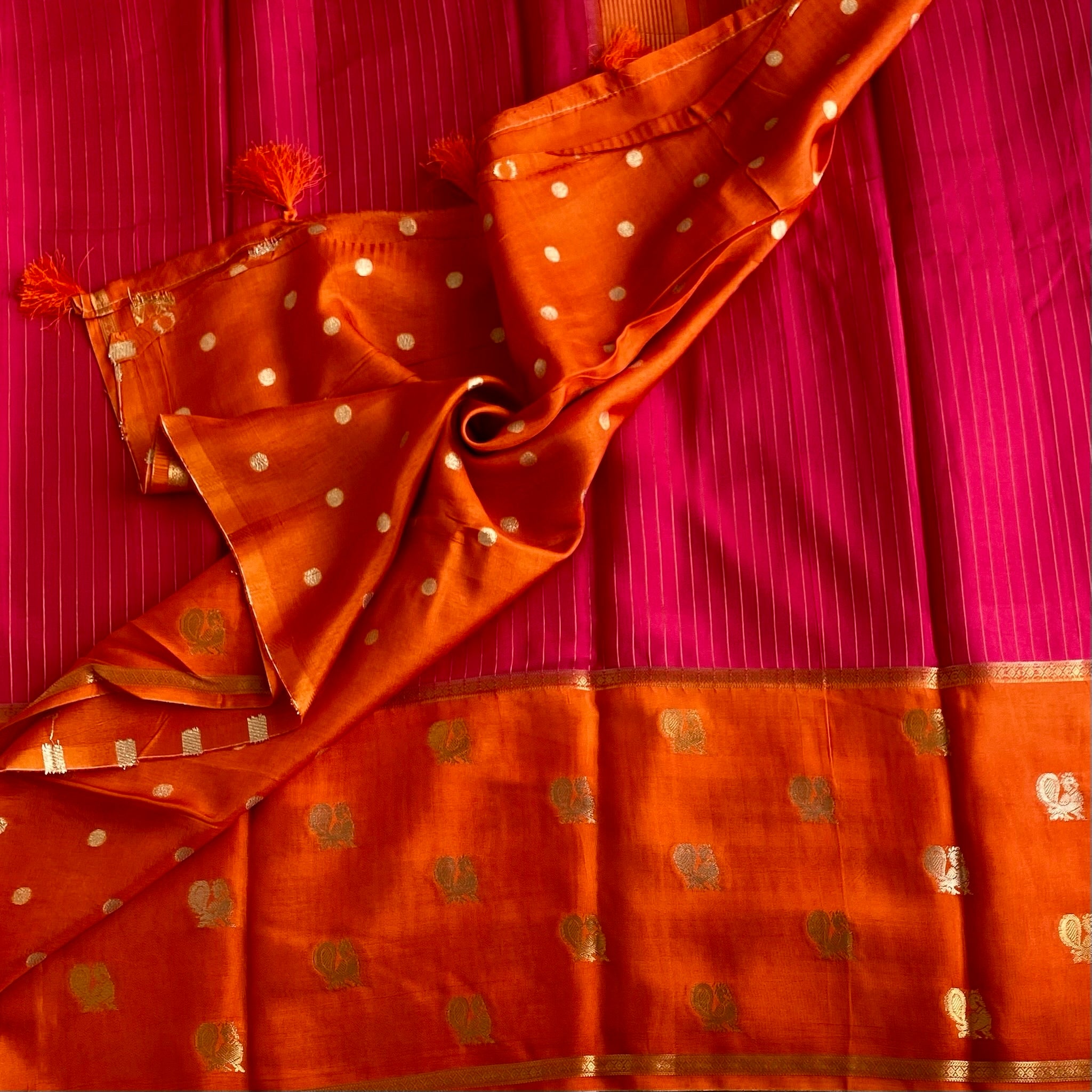 Rani Pink Soft Crepe Silk with Peacock Borders in Sunset Orange Contrast