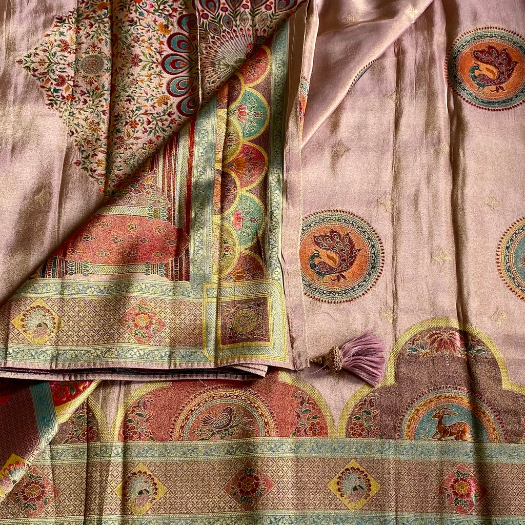 Blush Pink Soft Tissue Silk Saree Teal Blue Border Magenta Pallu