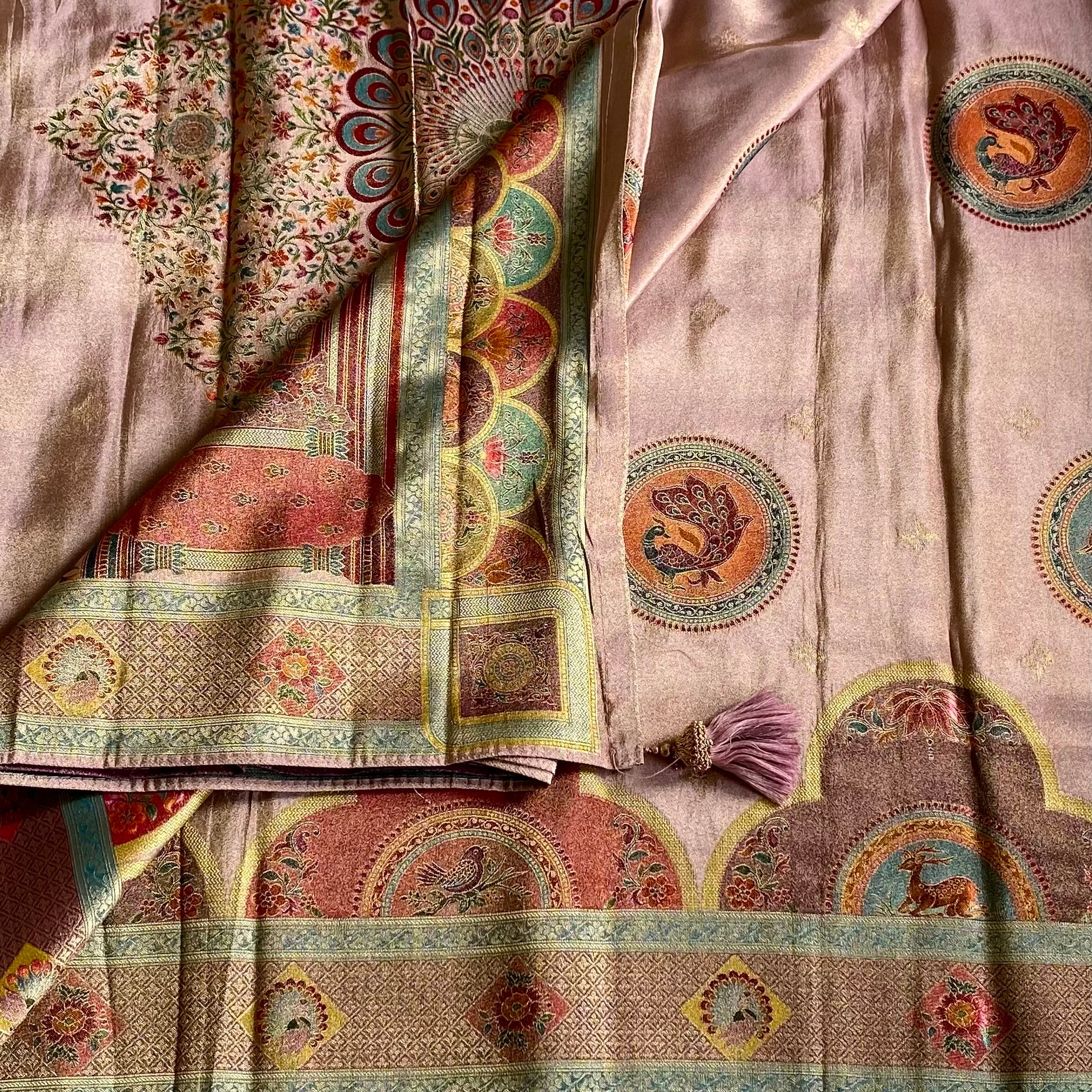 Blush Pink Soft Tissue Silk Saree Teal Blue Border Magenta Pallu