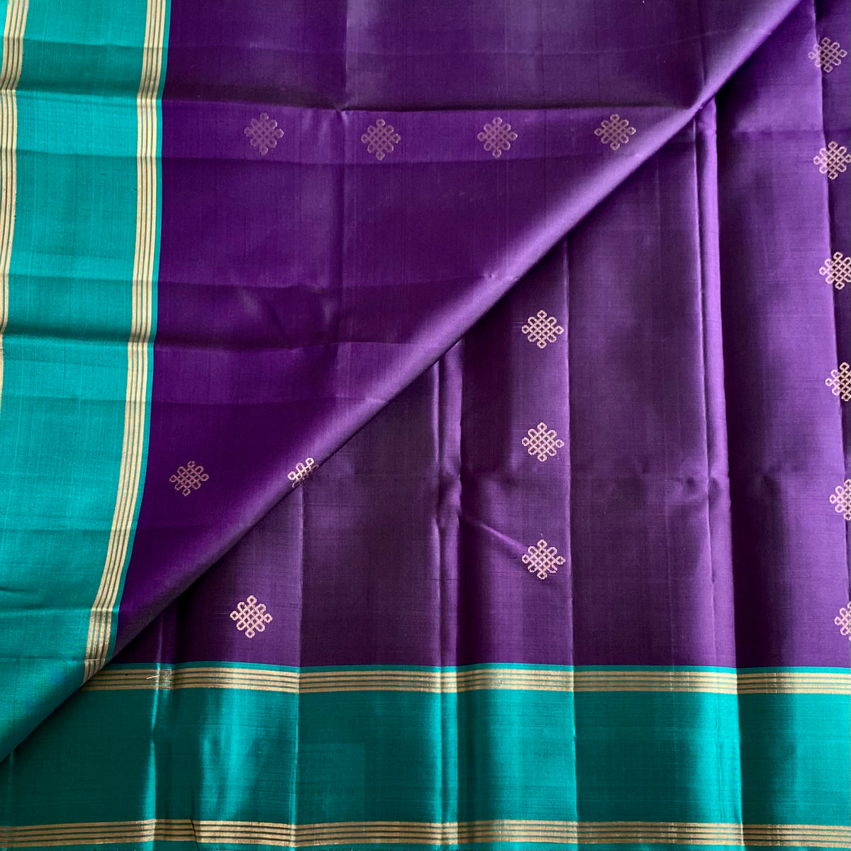 Deep Purple & Teal Kollam Designer Pure Silk Saree With Contrast