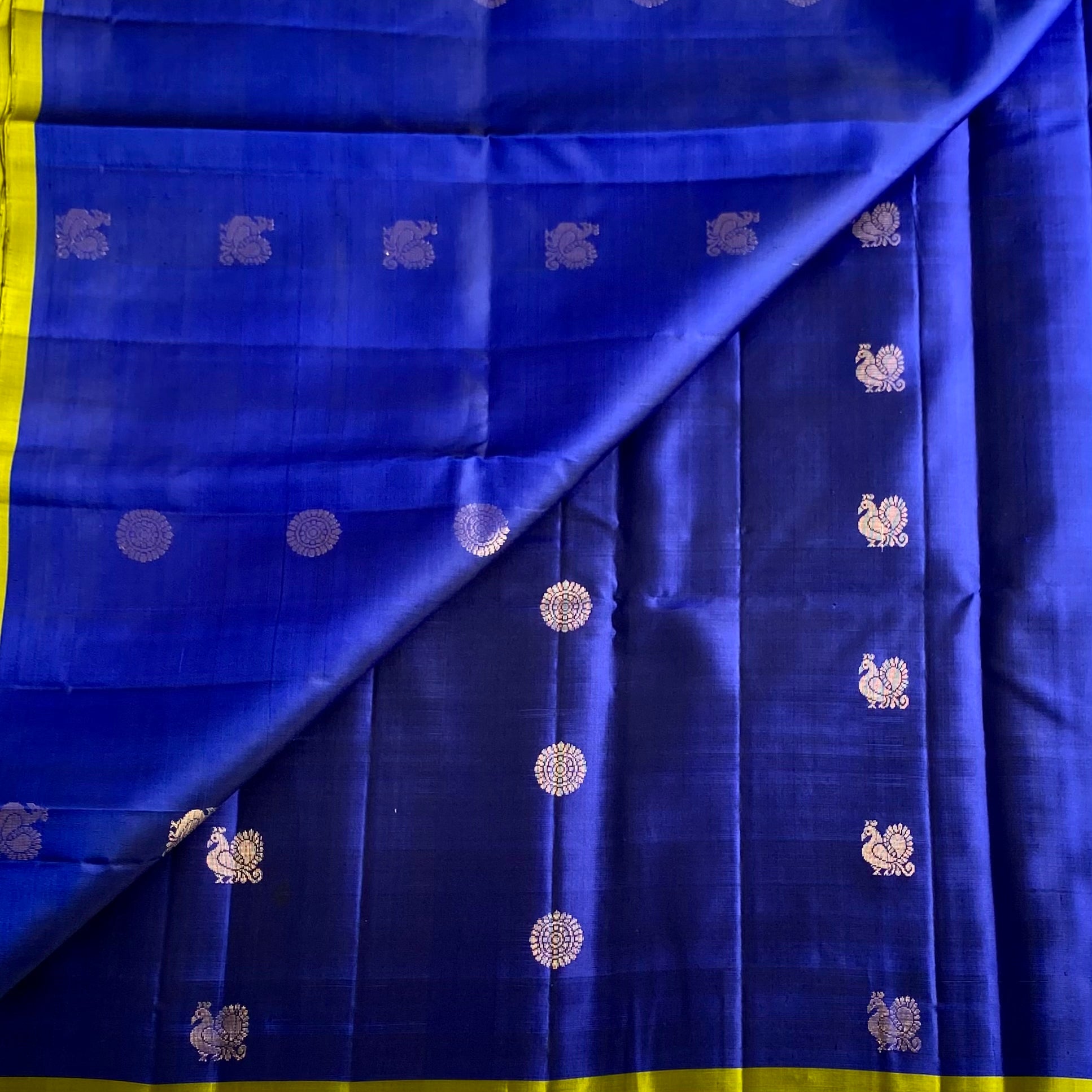 Royal Blue Designer Pure Silk Saree With Chartreuse Pallu