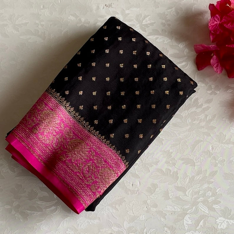 Jet Black Banarasi Crepe Silk Saree With Rani Pink Contrast