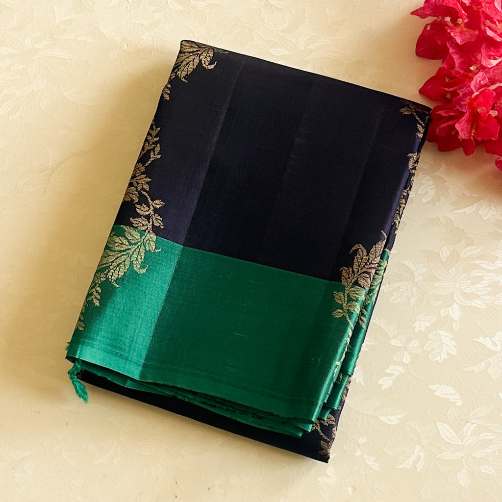 Navy Teal Silk Saree Antique Gold Zari Floral Woven Pallu